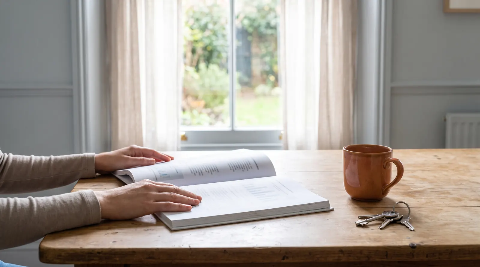 Hands resting on an open printed report at a kitchen table beside house keys and a terracotta mug